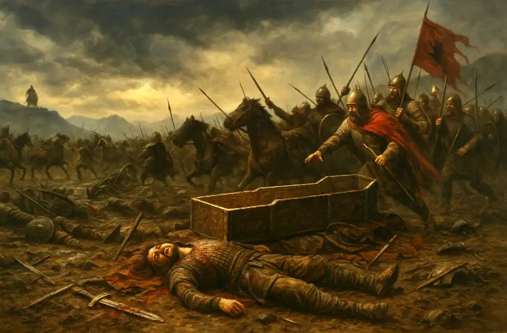 Nedao Savaşı’nda Hun komutanının cesedinin yanında devrilmiş tabutun durduğu, Germen savaşçılarının ilerlediği kaotik savaş sahnesi.